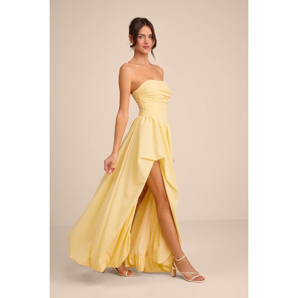 Lulu's Strapless Yellow Maxi Dress with High Slit - Picture 4 of 16